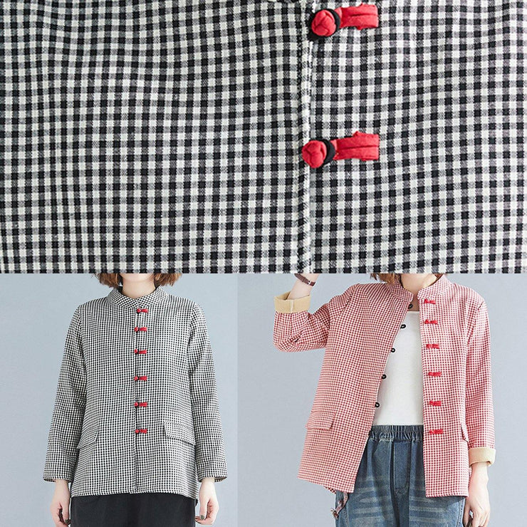 DIY stand collar pockets linen Blouse gray plaid top - SooLinen