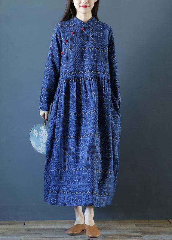 DIY stand collar Cinched fall dresses Outfits blue print long Dresses - SooLinen