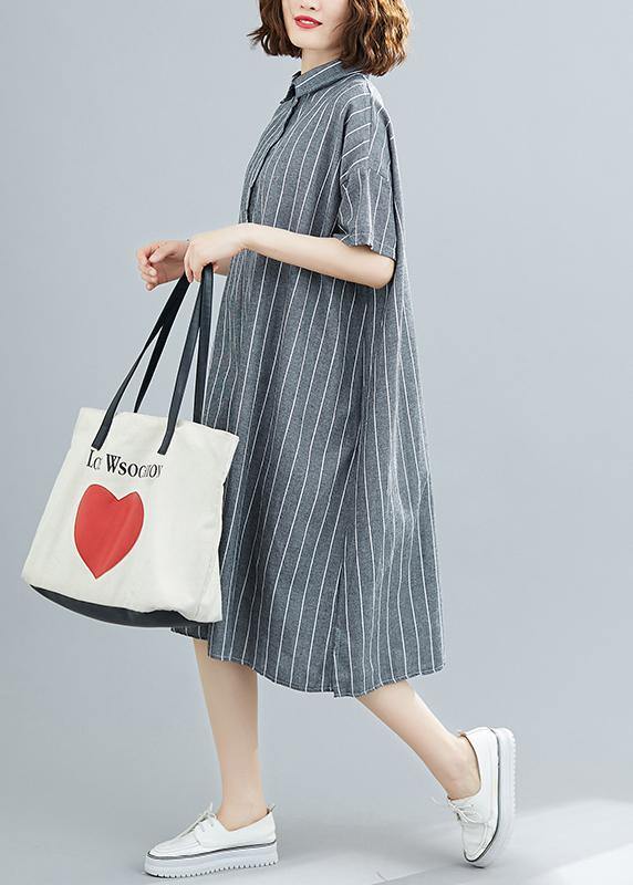 DIY striped Cotton quilting clothes lapel collar Plus Size summer Dresses - SooLinen