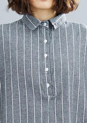 DIY striped Cotton quilting clothes lapel collar Plus Size summer Dresses - SooLinen