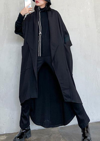 DIY tie waist asymmetric Fashion coat for woman black Art coats - SooLinen