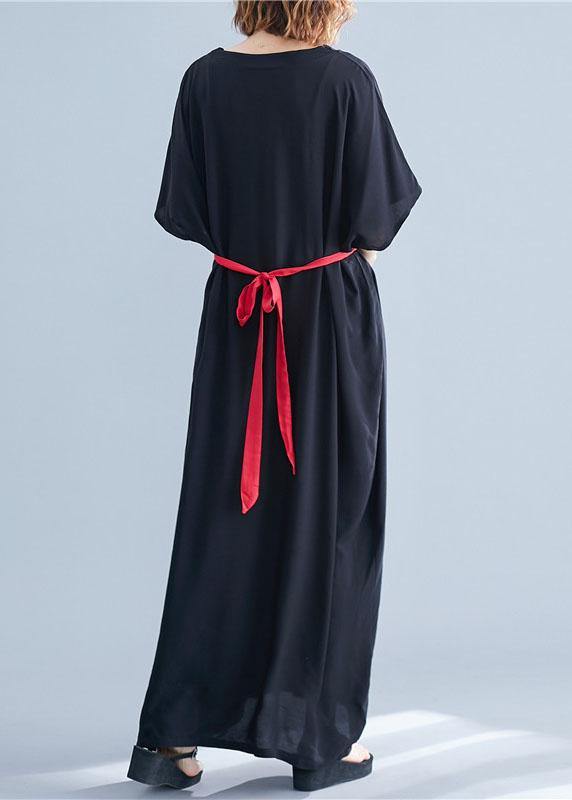 DIY tie waist cotton tunic dressNeckline black v neck Maxi Dresses summer - SooLinen