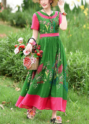 DIY tie waist patchwork cotton quilting dresses Runway green print Kaftan Dress summer - SooLinen