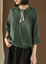 DIY tunic top Plus Size Linen Summer Literary army green Hooded Three Quarter Sleeve T-shirt - SooLinen