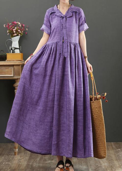 DIY v neck Bow cotton summer quilting clothes Photography purple Dress - SooLinen