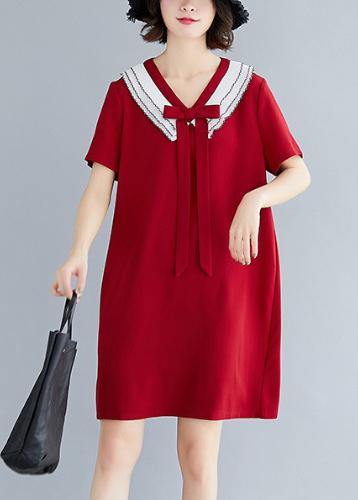 DIY v neck Cotton summer Fashion Ideas red Dress - SooLinen