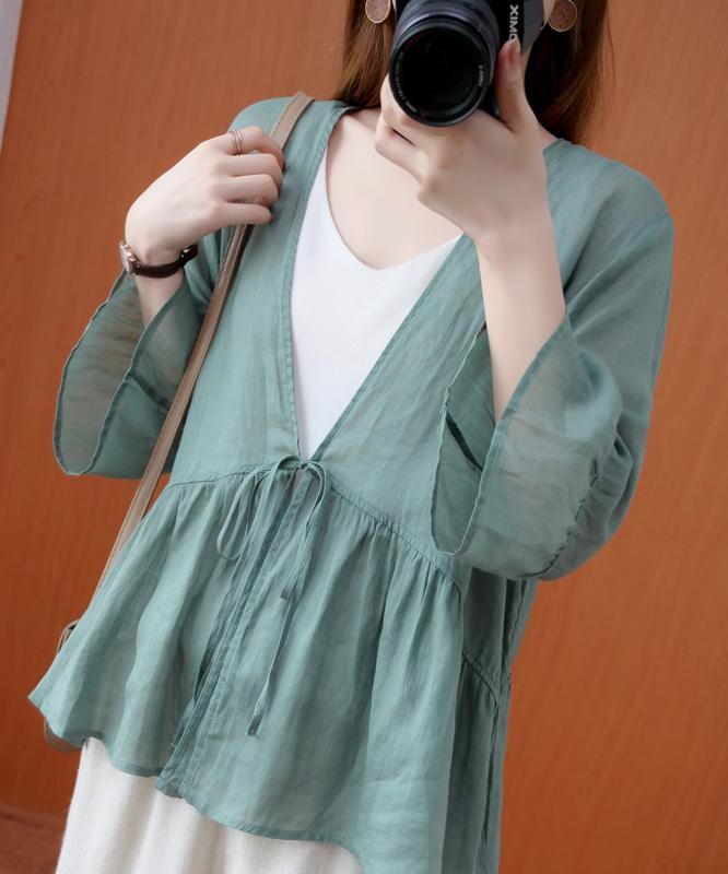 DIY v neck Ruffles summer clothes For Women Shape green blouse - SooLinen
