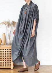 DIY v neck asymmetric cotton clothes Fabrics gray Maxi Dresses - SooLinen