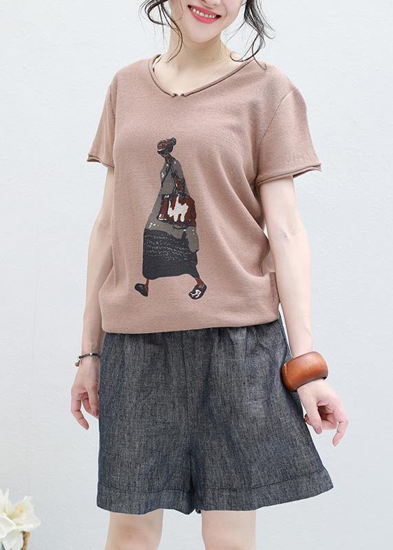 DIY v neck cotton clothes For Women Fashion Ideas khaki prints blouse summer - SooLinen