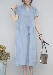 DIY v neck drawstring linen summer Robes Tunic blue Dresses - SooLinen