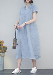 DIY v neck drawstring linen summer Robes Tunic blue Dresses - SooLinen