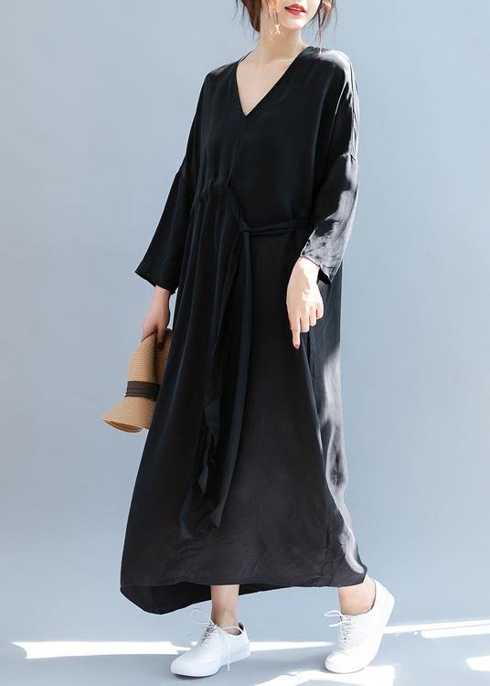 DIY v neck drawstring summer dress Sewing black Kaftan Dress - SooLinen