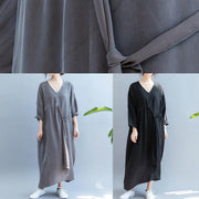 DIY v neck drawstring summer dress Sewing black Kaftan Dress - SooLinen