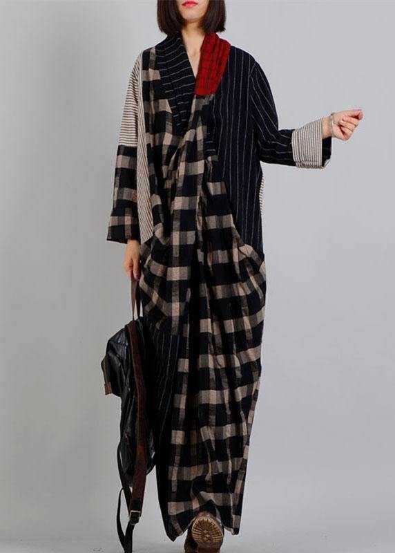 DIY v neck patchwork linen clothes black plaid Dress fall - SooLinen