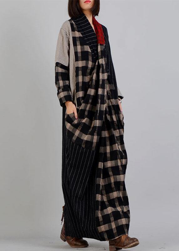 DIY v neck patchwork linen clothes black plaid Dress fall - SooLinen