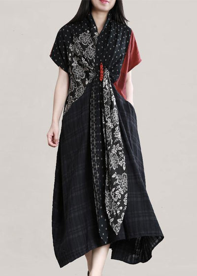 DIY v neck patchwork linen summer Robes Shirts black print Dress - SooLinen