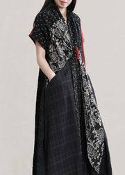 DIY v neck patchwork linen summer Robes Shirts black print Dress - SooLinen