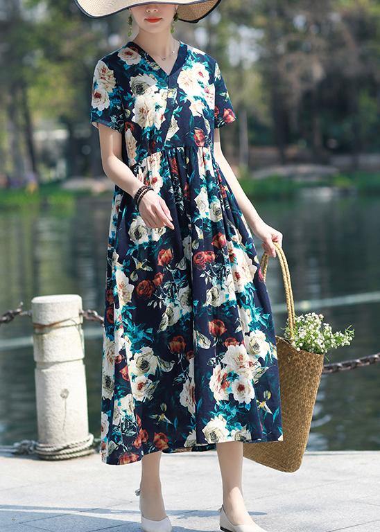 DIY v neck pockets cotton linen outfit Work Outfits navy print Dresses summer - SooLinen