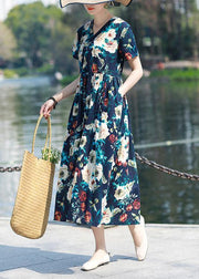 DIY v neck pockets cotton linen outfit Work Outfits navy print Dresses summer - SooLinen