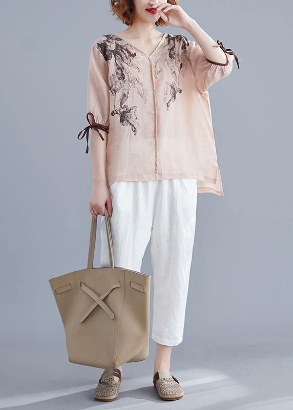 DIY v neck side open cotton linen crane tops nude print shirts summer - SooLinen