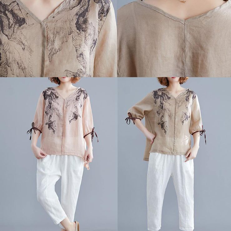 DIY v neck side open cotton linen crane tops nude print shirts summer - SooLinen