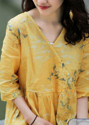 DIY v neck tie waist linen summer dresses Work yellow print Dresses - SooLinen