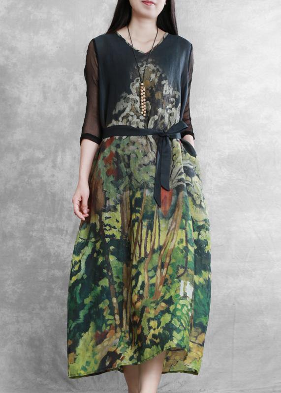 DIY v neck tie waist summer clothes Wardrobes green Forest print Dresses - SooLinen