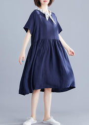 DIY v neck Cinched Cotton Long Shirts Photography navy Dresses - SooLinen
