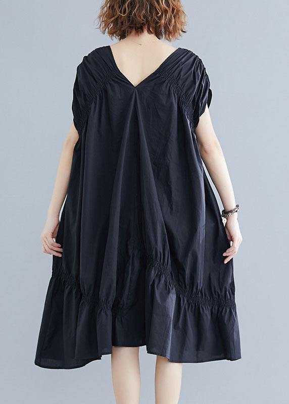 DIY v neck Cinched Cotton clothes Shape black Dresses - SooLinen