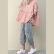 DIY v neck Cinched cotton summer women Tops pink tops - SooLinen