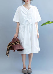 DIY v neck Cinched summer Tunics Work Outfits white Dress - SooLinen
