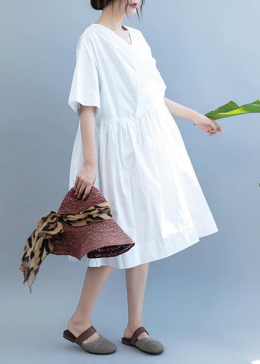 DIY v neck Cinched summer Tunics Work Outfits white Dress - SooLinen