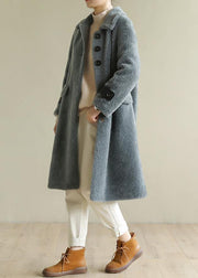 DIY warm Plus Size lapel collar tunic coat gray blue Midi outwears - SooLinen