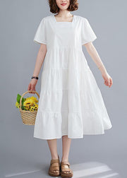 DIY white Tunics Square Collar patchwork long Dress - SooLinen