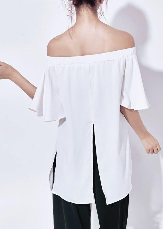 DIY white chiffon Long Shirts Slash neck off the shoulder daily summer tops - SooLinen