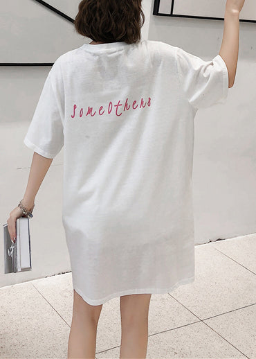 DIY white print Cotton tunic dress Omychic Tunic Tops short sleeve Midi Summer Dress