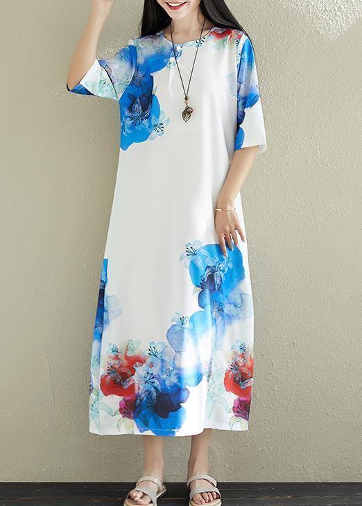 DIY white prints silk dresses stand collar long summer Dress - SooLinen