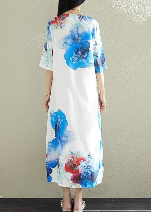 DIY white prints silk dresses stand collar long summer Dress - SooLinen