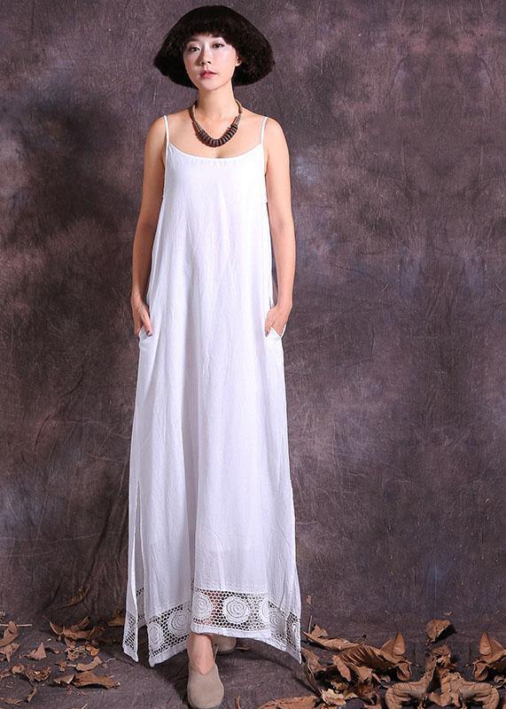 DIY white side open linen clothes hollow out hem Maxi summer Dresses - SooLinen