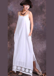 DIY white side open linen clothes hollow out hem Maxi summer Dresses - SooLinen