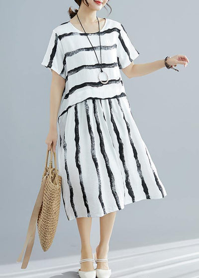 DIY white striped Cotton dress Fitted pattern o neck pockets shift Summer Dresses - SooLinen