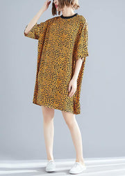 DIY yellow Leopard Cotton blended Drops Design Outfits o neck Batwing Sleeve daily Summer Dresses - SooLinen