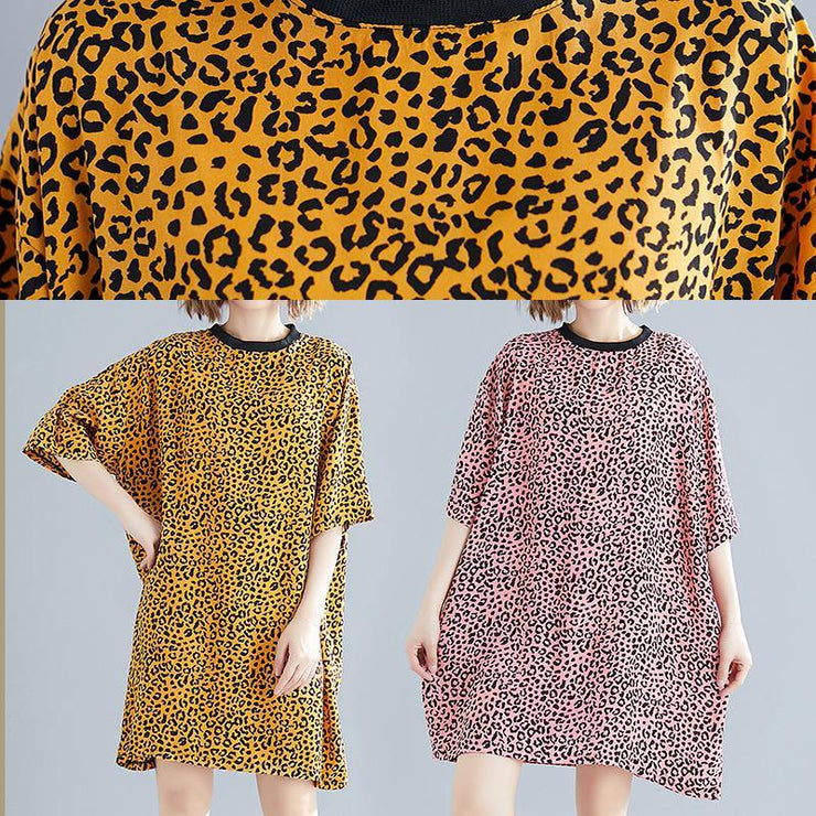 DIY yellow Leopard Cotton blended Drops Design Outfits o neck Batwing Sleeve daily Summer Dresses - SooLinen