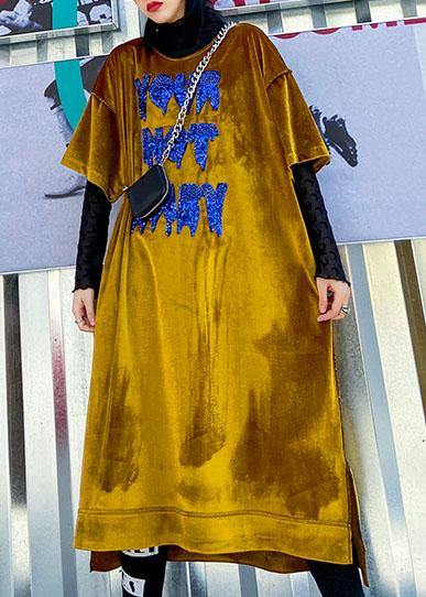 DIY yellow cotton clothes Women o neck Sequined Maxi spring Dress - SooLinen