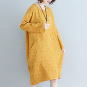 DIY gelb gepunktetes Baumwoll-Tunikakleid Lässiges Runway-Taschen-Baumwollkleid