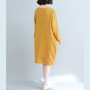 DIY yellow dotted Cotton tunic dress Casual Runway pockets cotton Dress