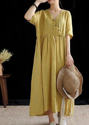 DIY yellow linen Robes v neck exra large hem cotton summer Dress - SooLinen