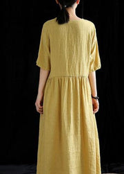 DIY yellow linen Robes v neck exra large hem cotton summer Dress - SooLinen