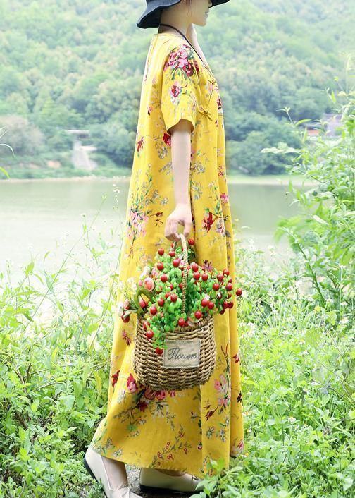 DIY yellow linen cotton outfit Boho Fabrics big hem cotton robes summer Dress - SooLinen