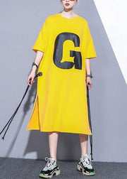 DIY yellow o neck cotton quilting dresses side open Robe summer Dresses - SooLinen